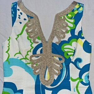 Lilly Pulitzer Janice Resort White Crystal Coast Shift Gold Soutache Dress SZ 0